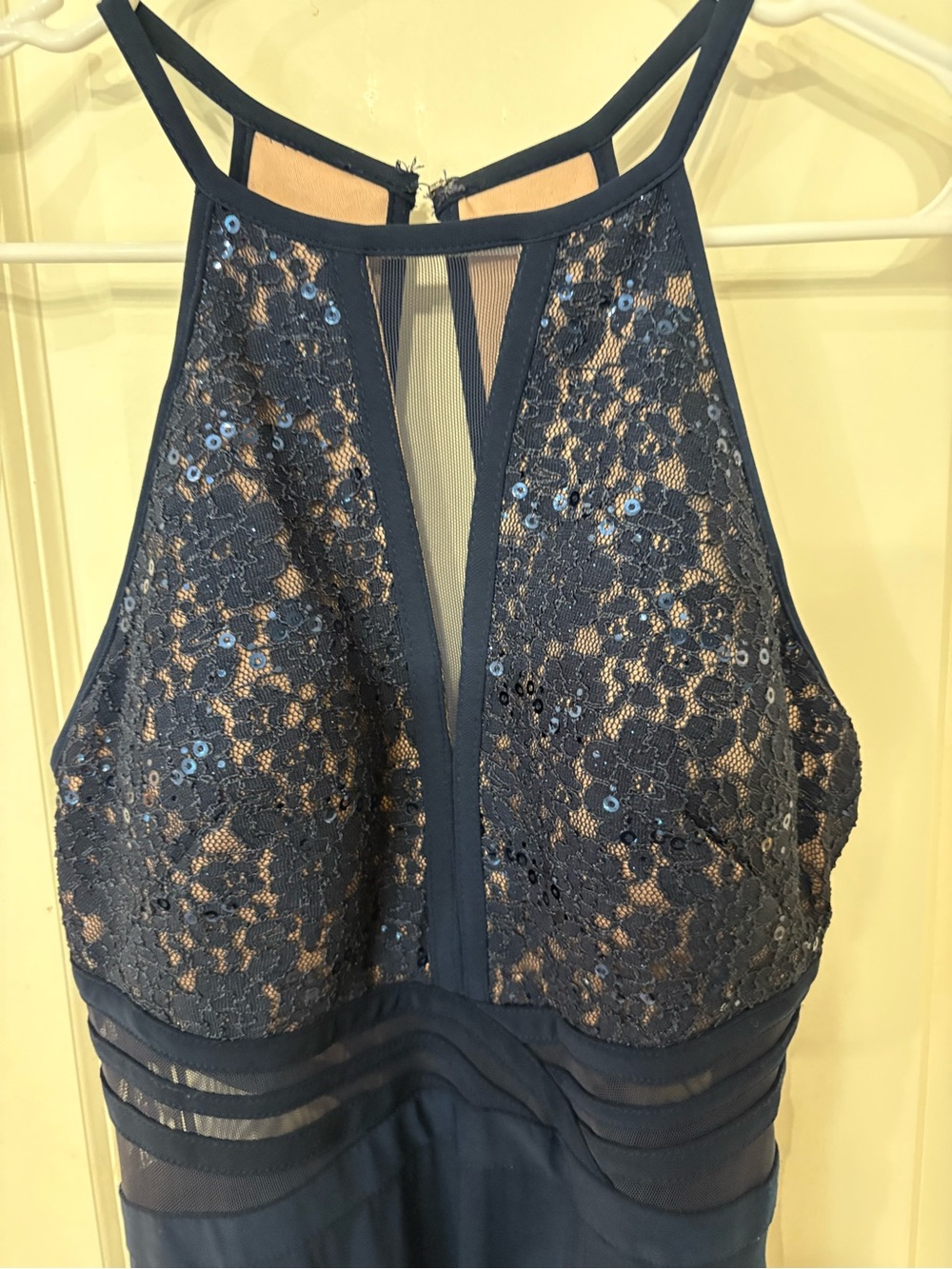 Morgan & Co. Navy Lace Halter Maxi Dress with Keyhole - Picture 2 of 5
